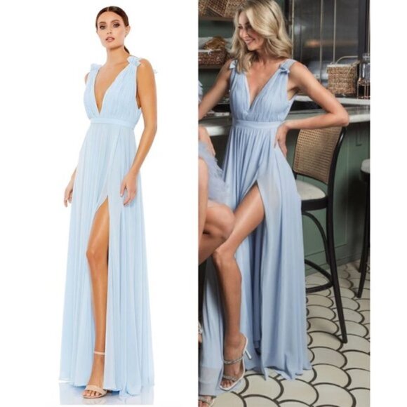 MAC DUGGAL Plunge Neck Chiffon Grecian Gown in Powder Blue Size US 12 - Picture 1 of 12